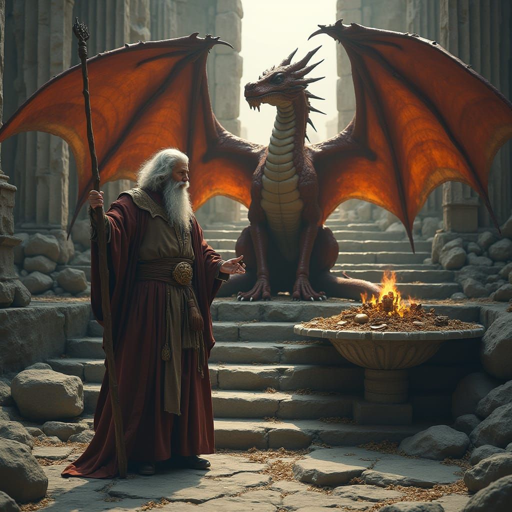 Wizard with Dragon and Treasure in Ruins