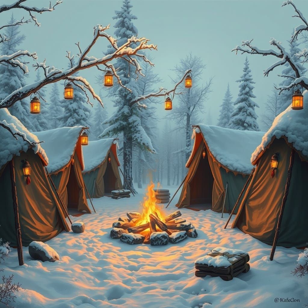 A warm campfire surrounded by snow-covered tents, with glowi...