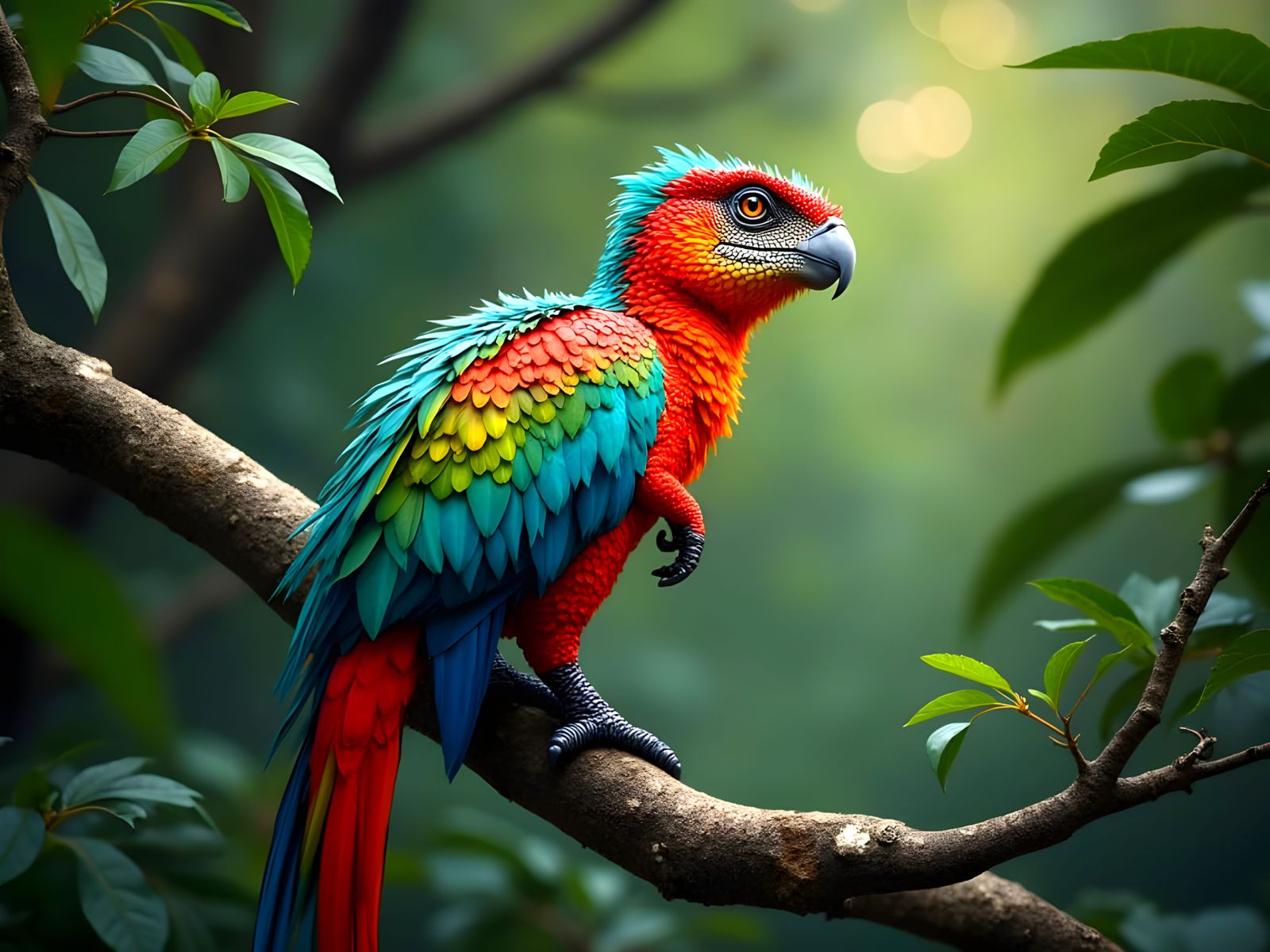 Feathered Dinosaur on Branch: Detailed Illustration