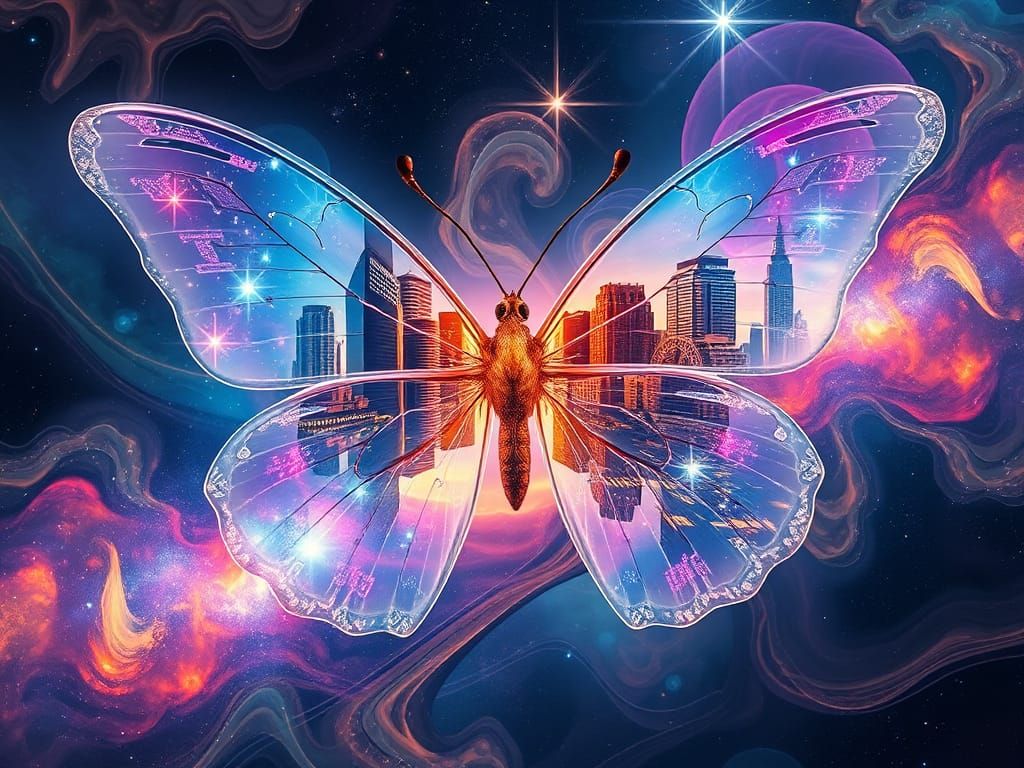 Cosmic Butterfly Reflecting Distorted Cityscapes