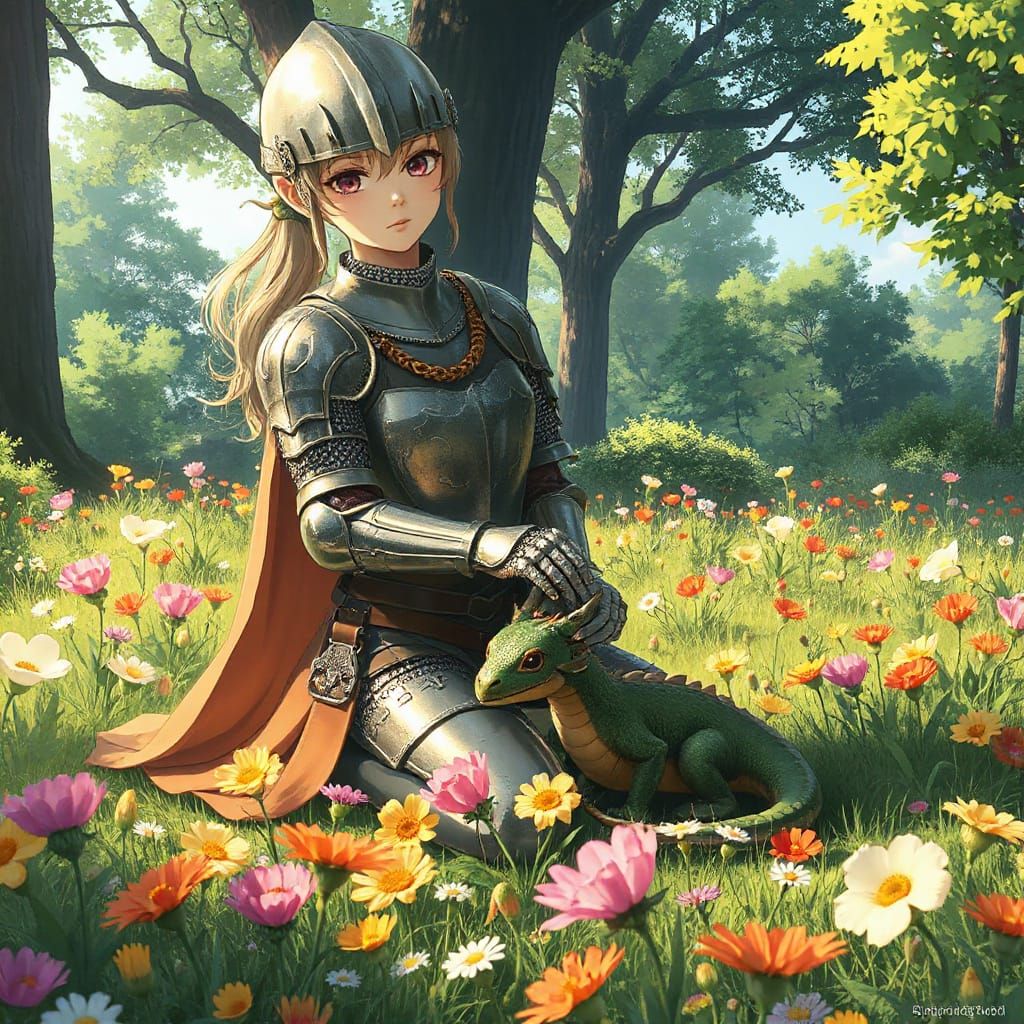 Anime Knight and Dragon in Ghibli Style