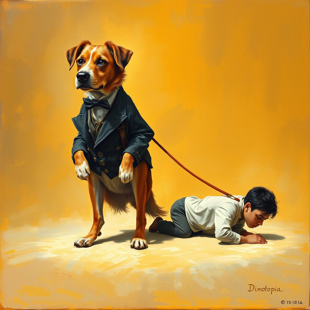 Dog Walking Man: Whimsical Oil Painting