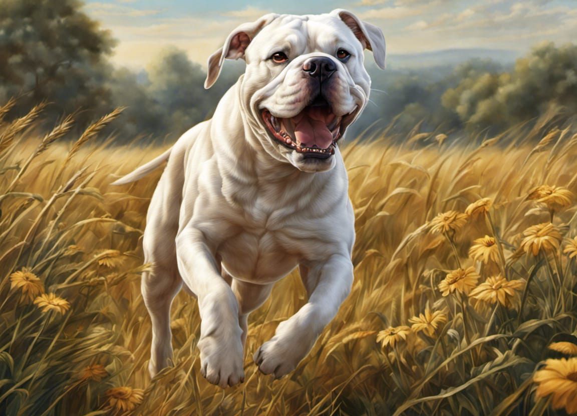 American Bulldog Playing in Hyperrealistic Style