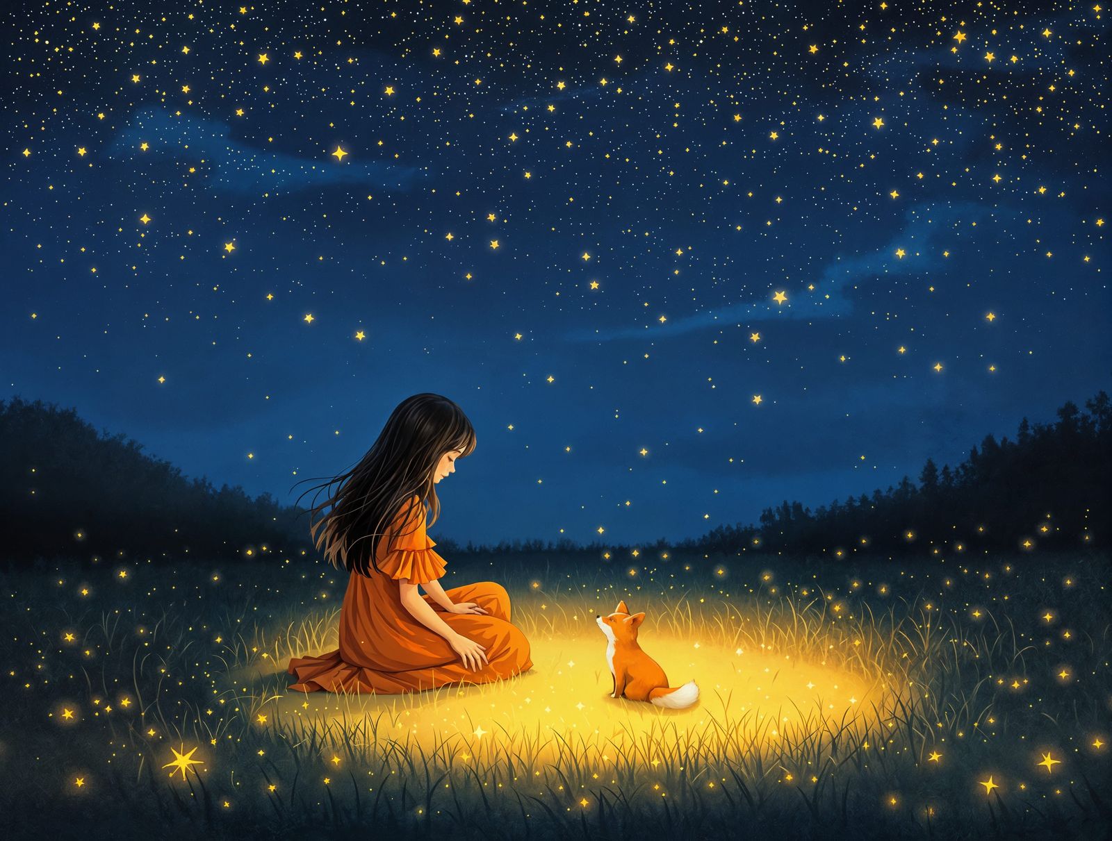 Ethereal Nighttime Meadow Scene in Impressionistic Style