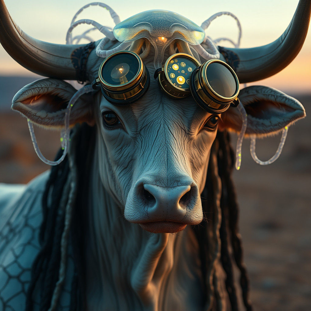 Bioluminescent Cow Woman with Steampunk Goggles
