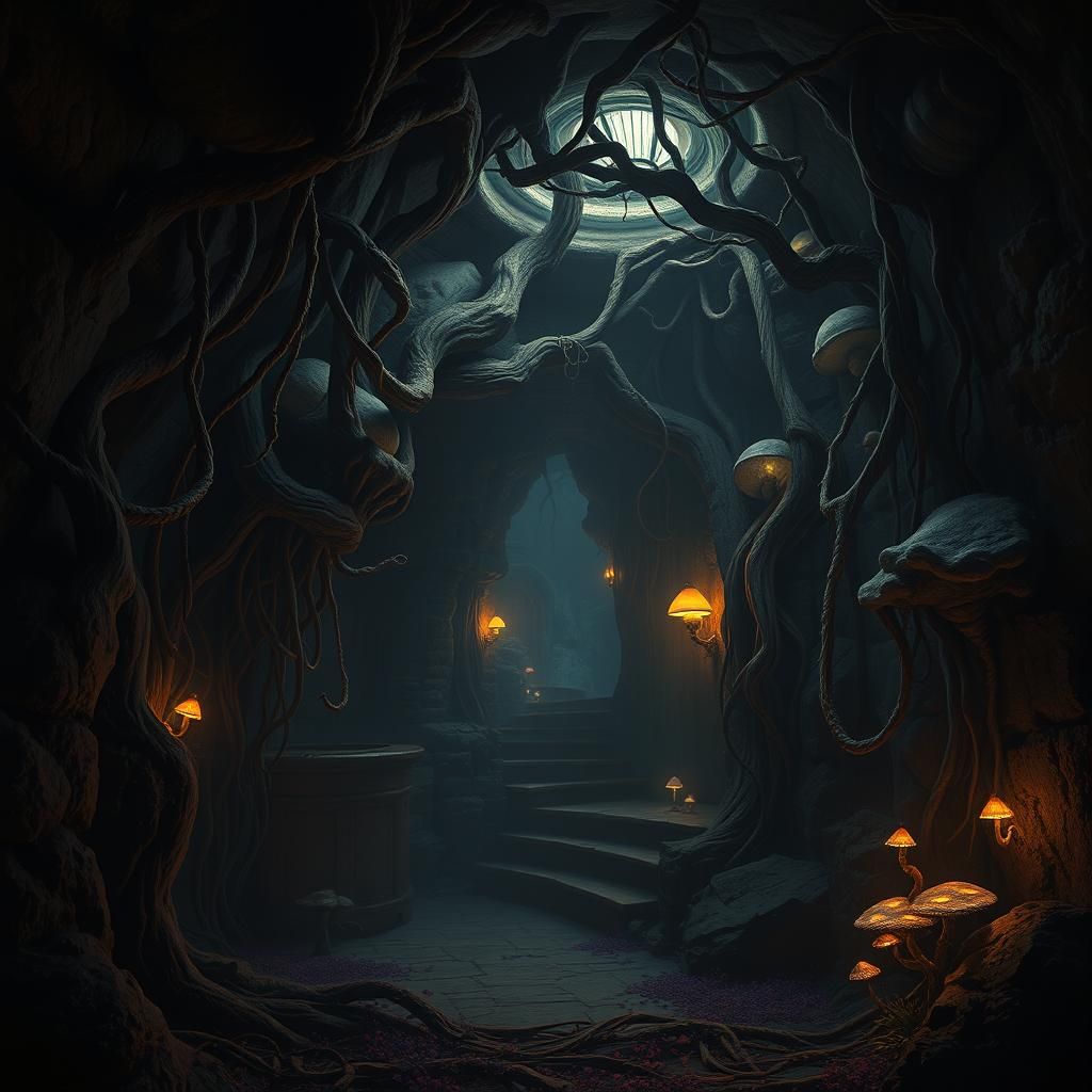 Mystical Cellar with Roots and Vines