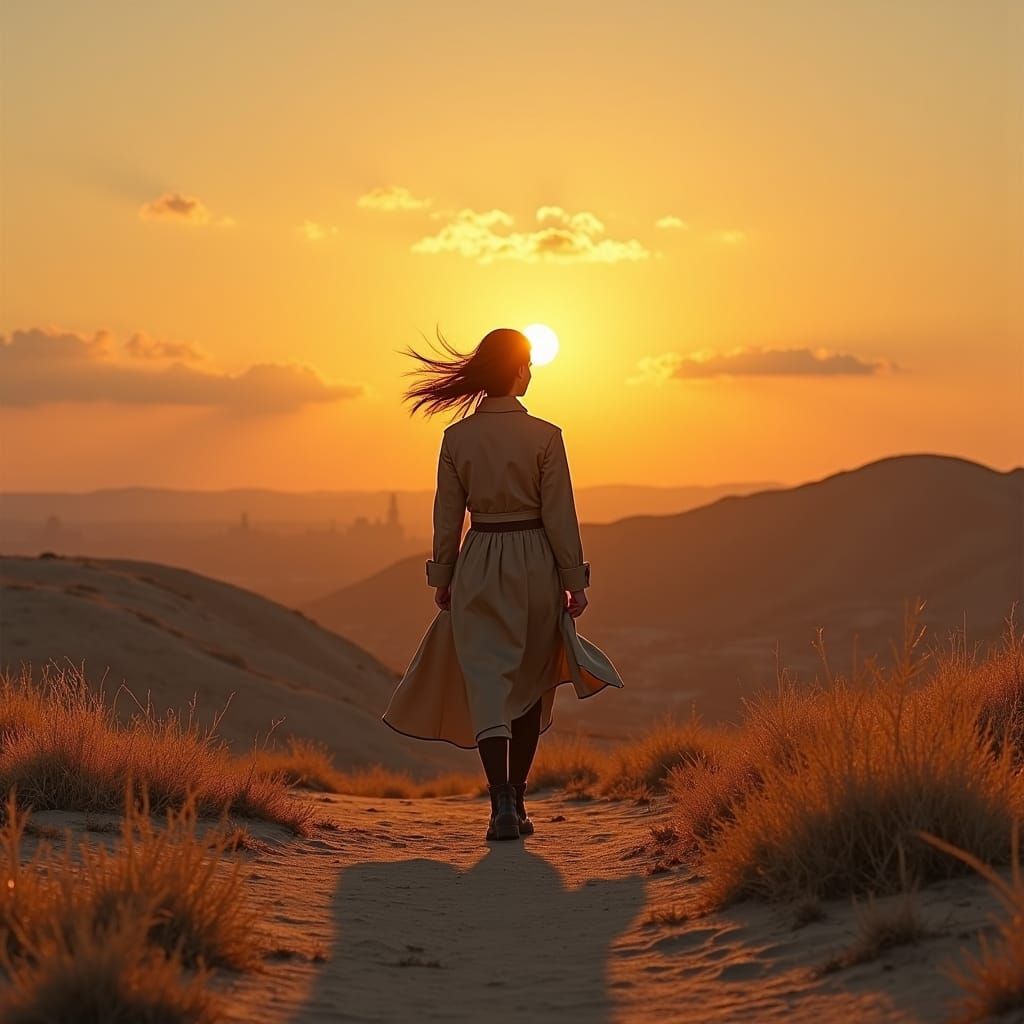 Israeli Sunset Landscape with Figure in Military Uniform