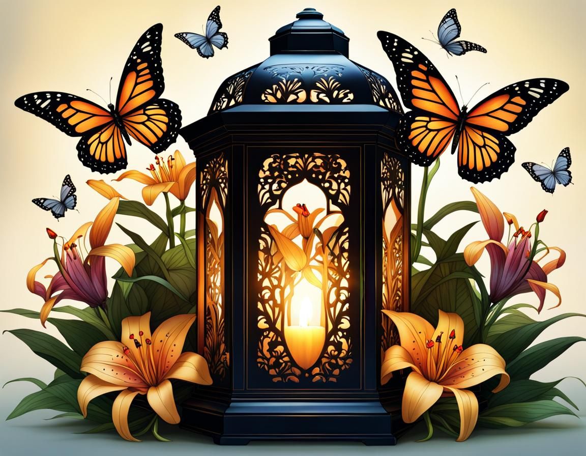 Illuminated Lantern Surrounded by Butterflies and Lilies