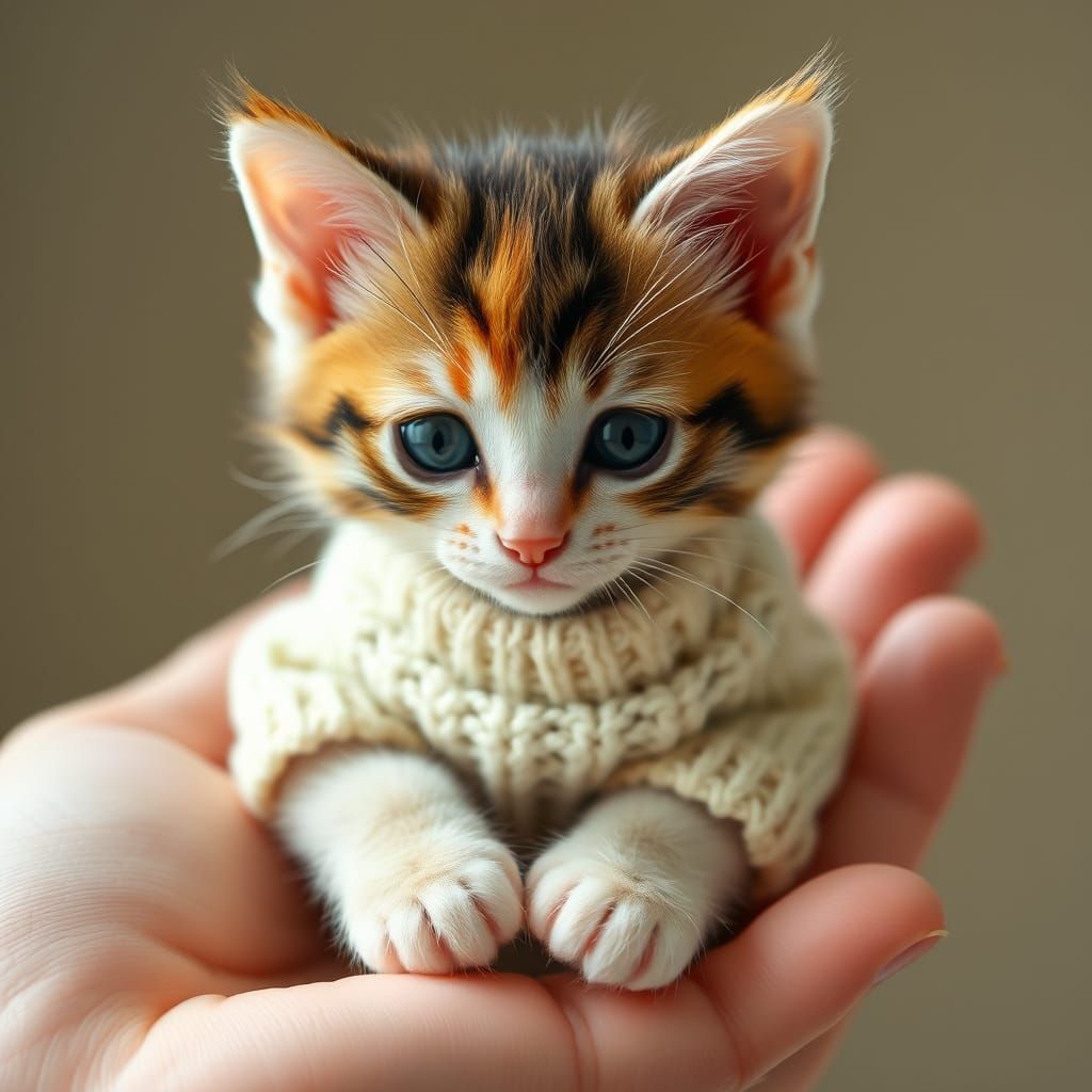 Whimsical Calico Kitten in Delicate Hand