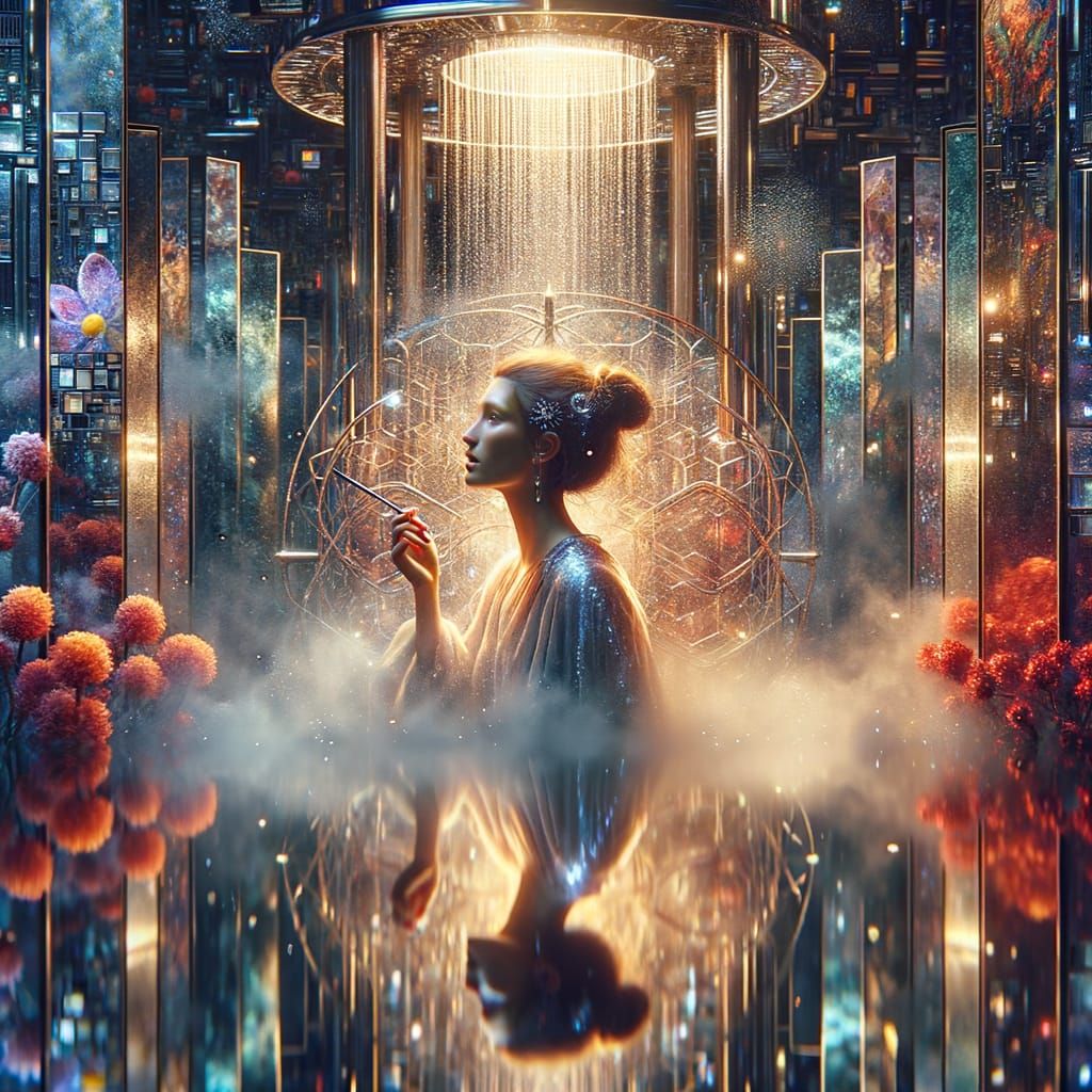 Ethereal Woman in Shower of Reflections
