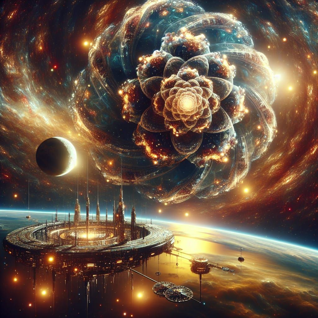 Fractal Rose Orbital Station Near Earth in Starry Space