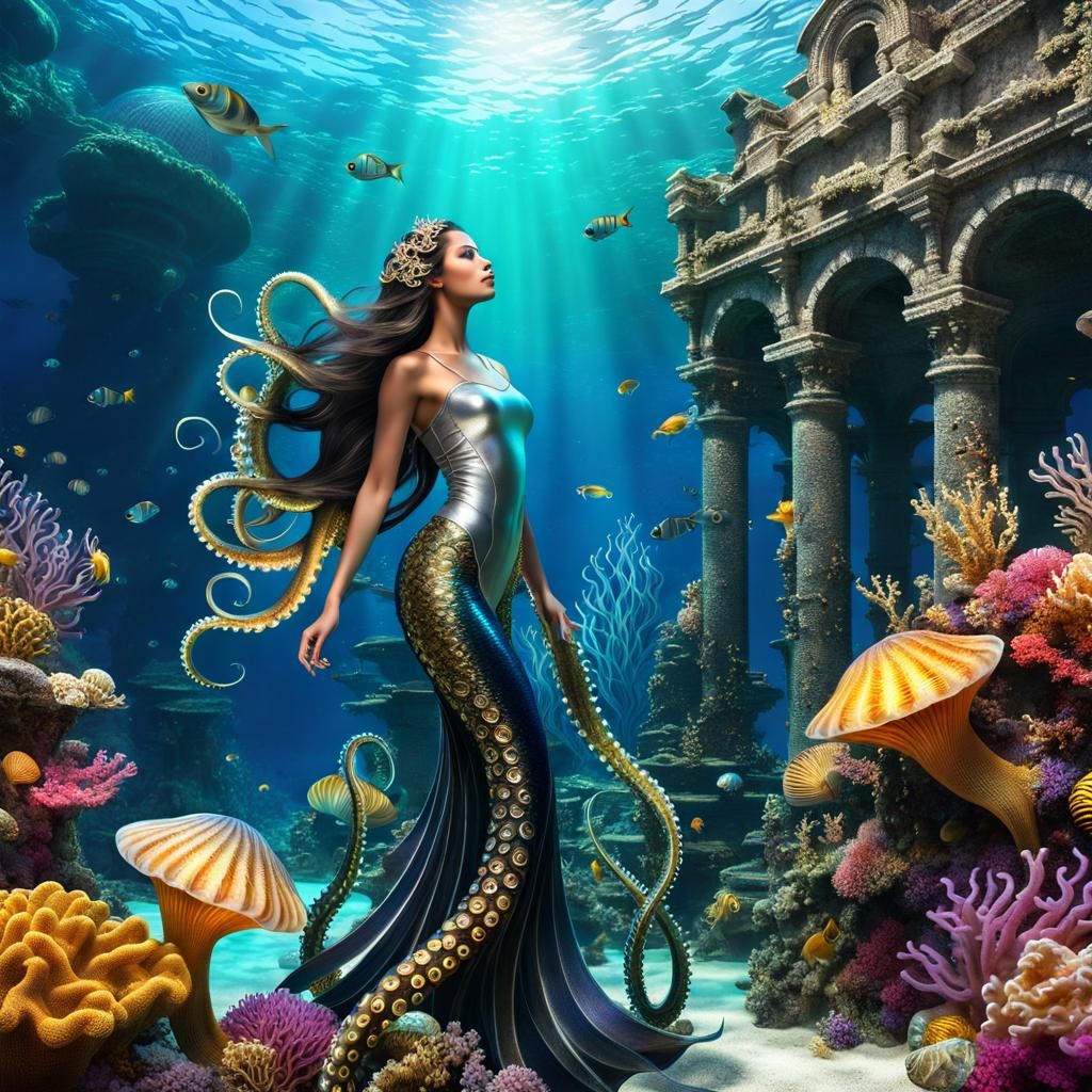 Tentacled Mermaid Swimming in Underwater Landscape