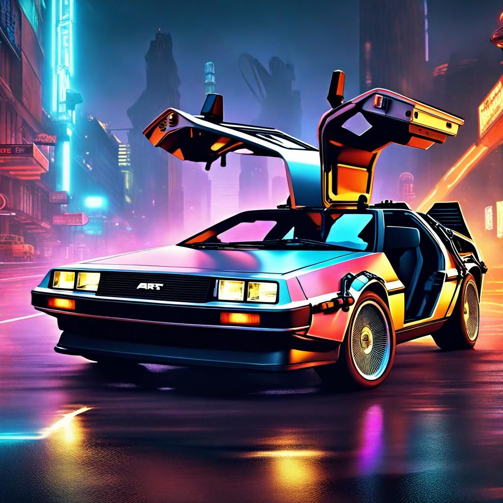 Cyberpunk DeLorean Races in Detailed Digital Art