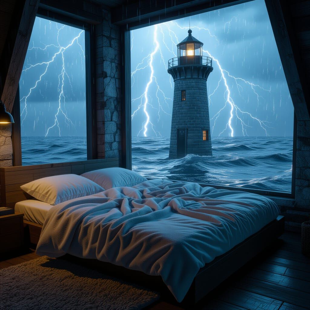 Cozy Lighthouse Bed Amidst Stormy Weather