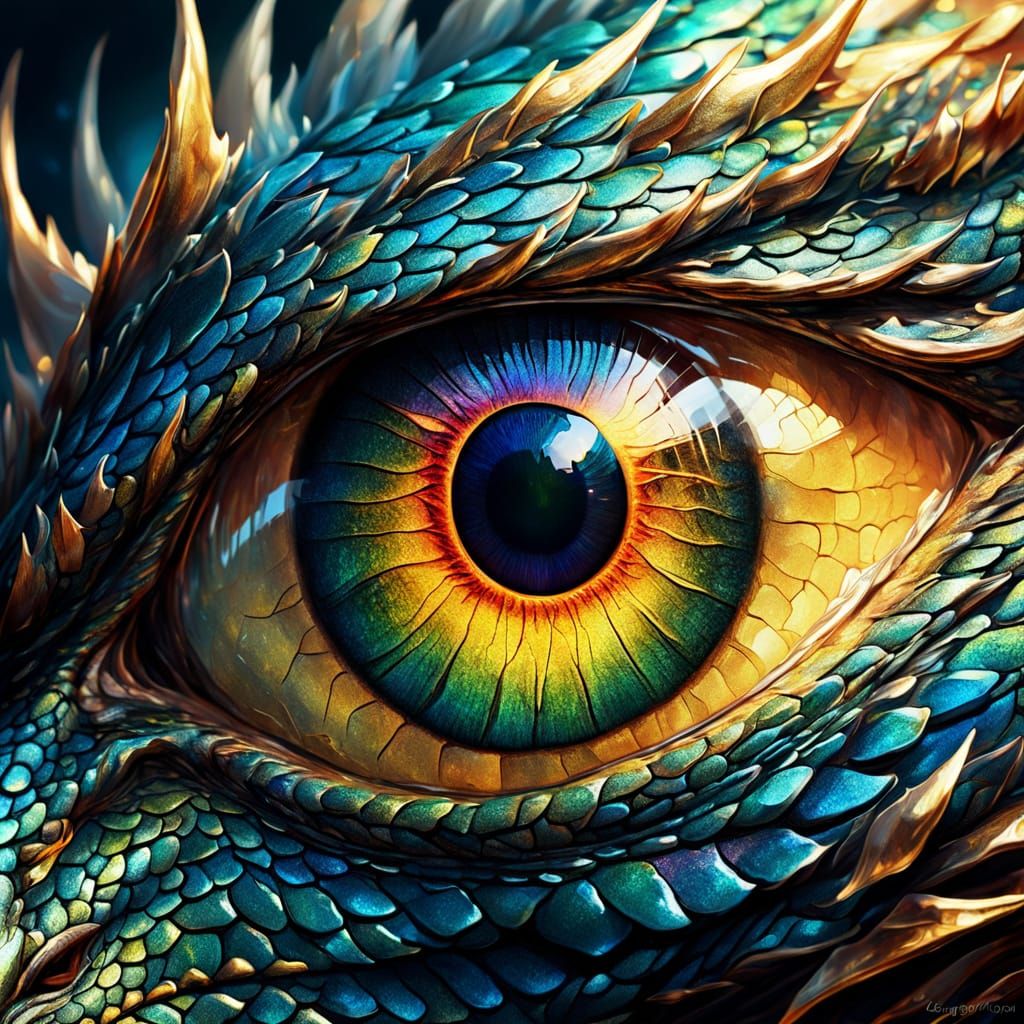 Detailed Dragon Eye Close-Up in Oil Painting Style