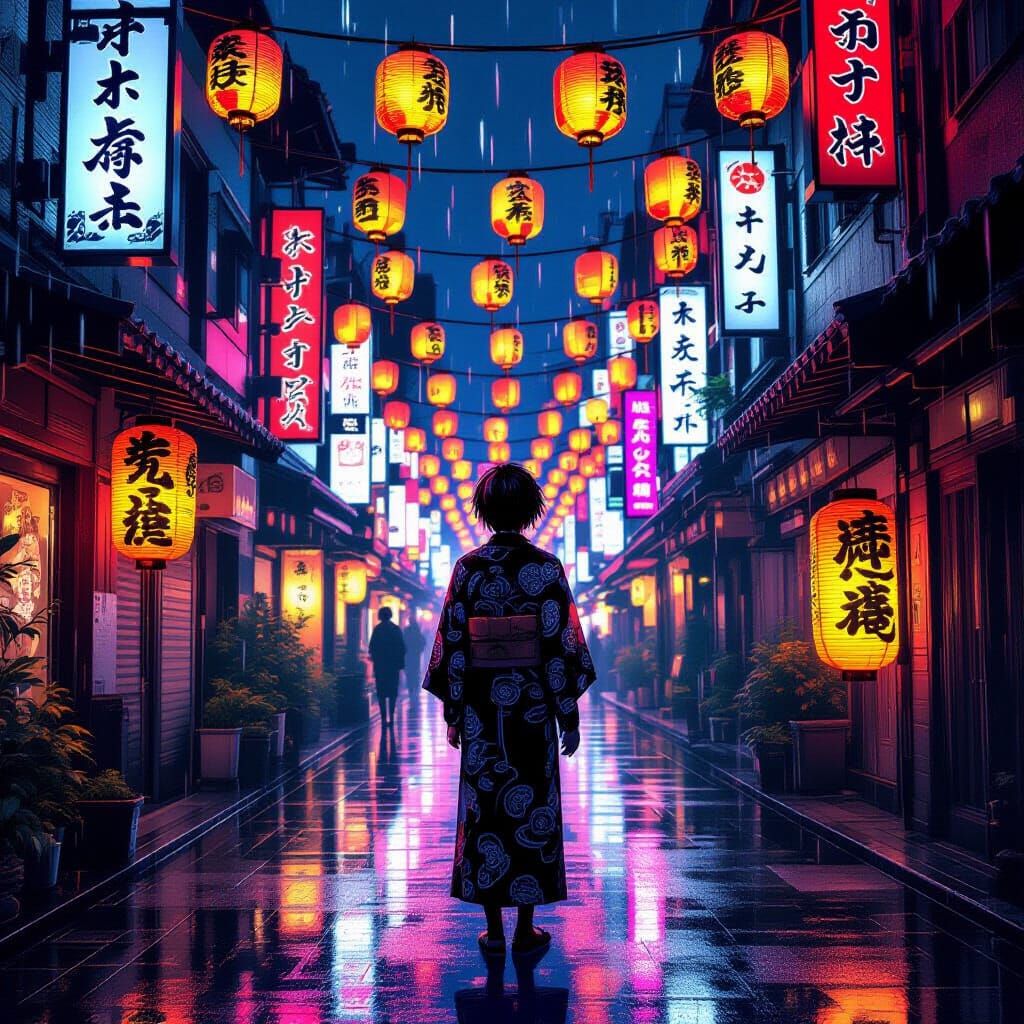 Anime Boy in Neon Kimono Under Lanterns in Rainy Shinjuku