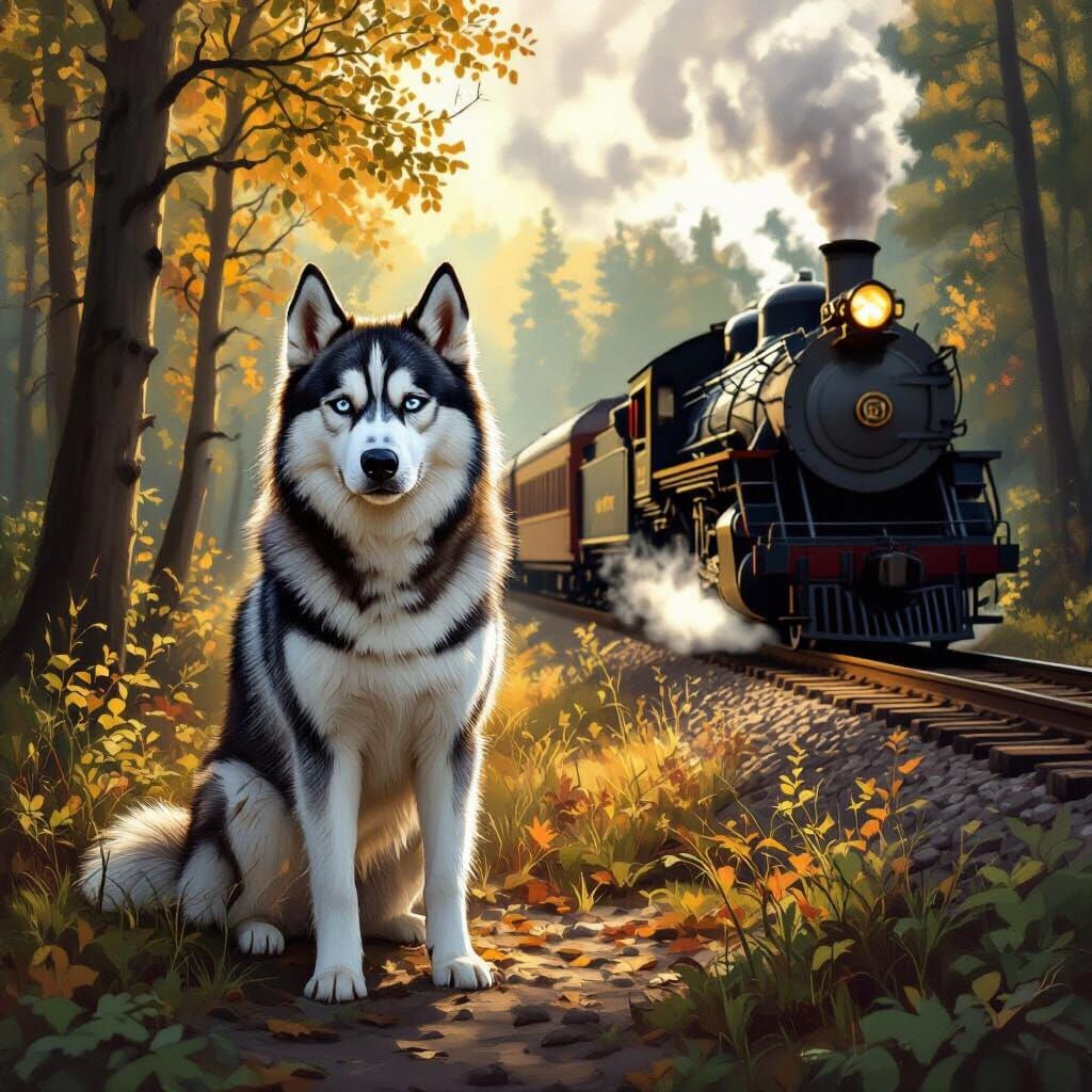 Majestic Husky in Sunlit Forest with Vintage Train
