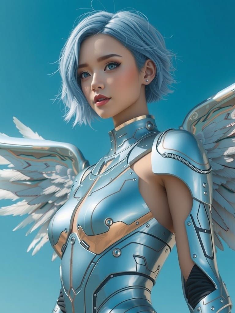 Cyborg Angel in Iridescent Hues, Closeup Portrait