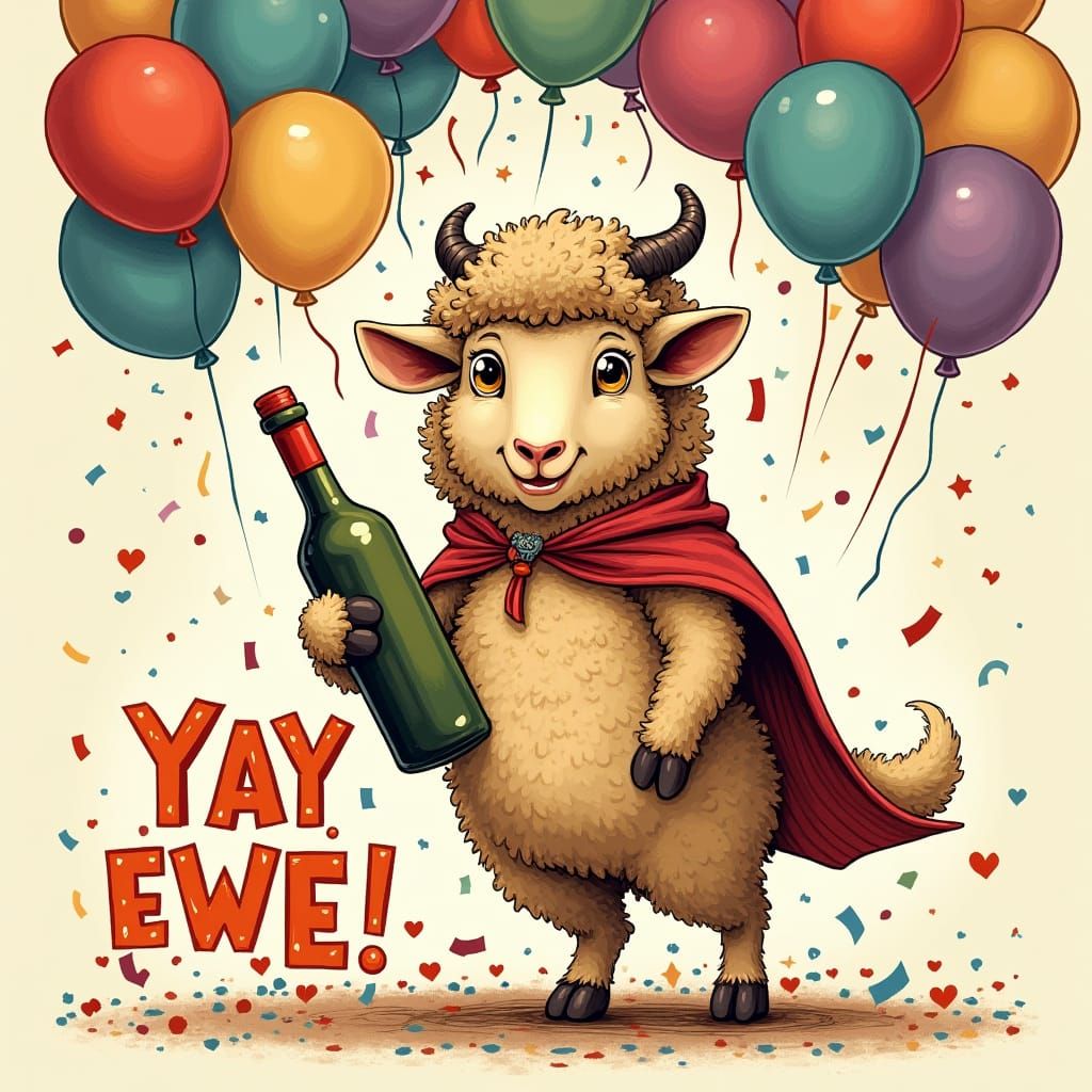 Whimsical Sheep Celebrates with Wine and Balloons