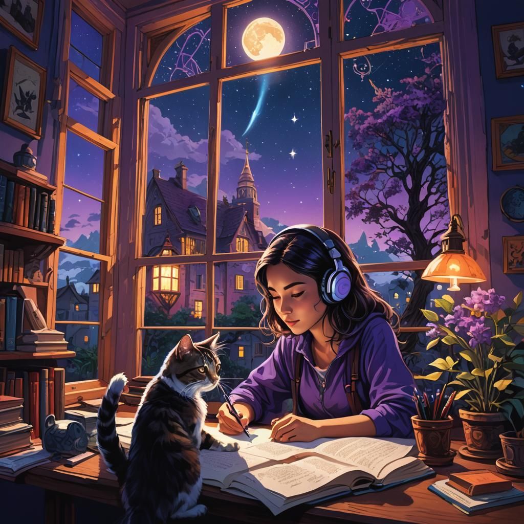 Lofi Girl Studying at Night with Comet