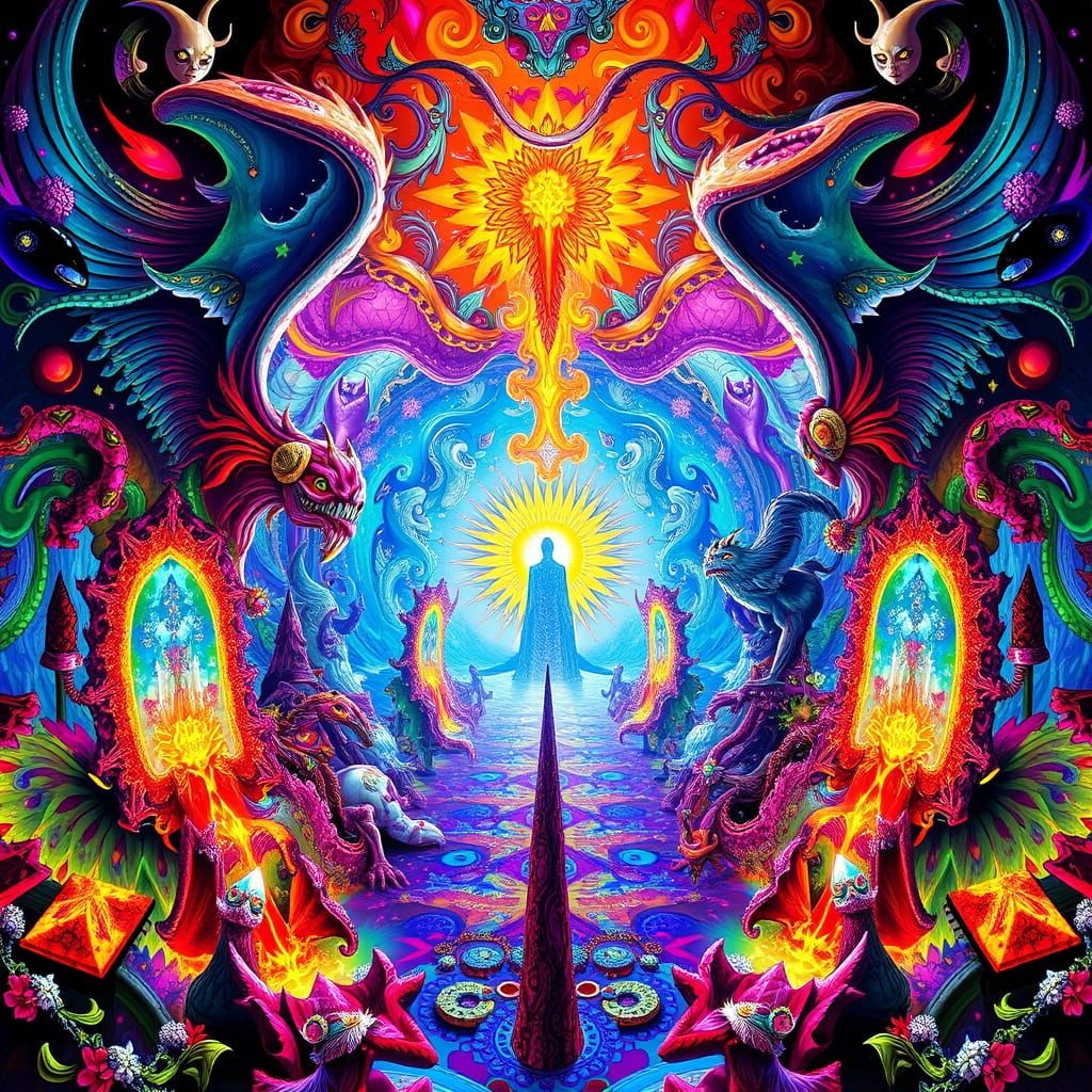 Kaleidoscopic Fantasy Art with Mythical Creatures