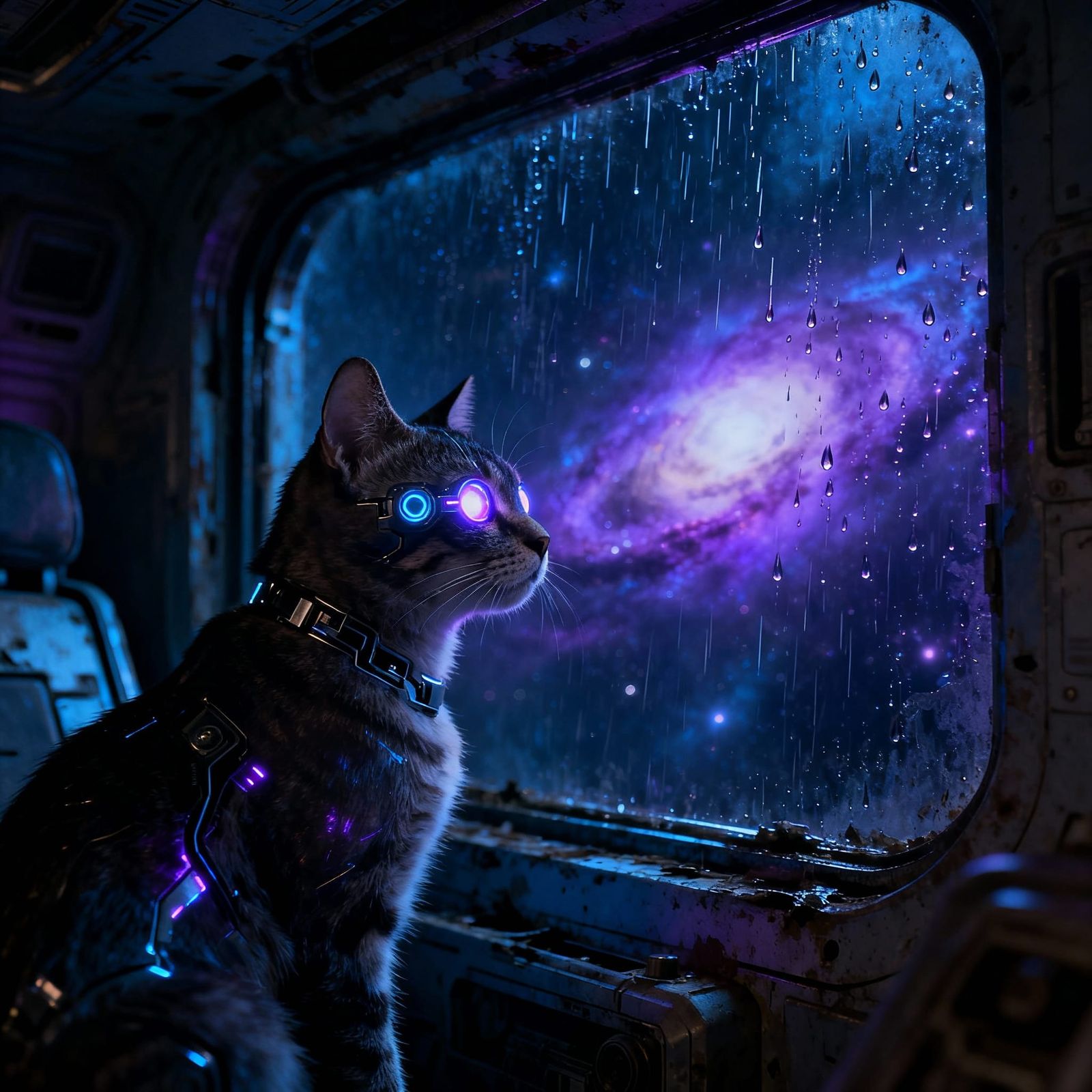 Cybernetic Cat Gazes From Derelict Ship Window