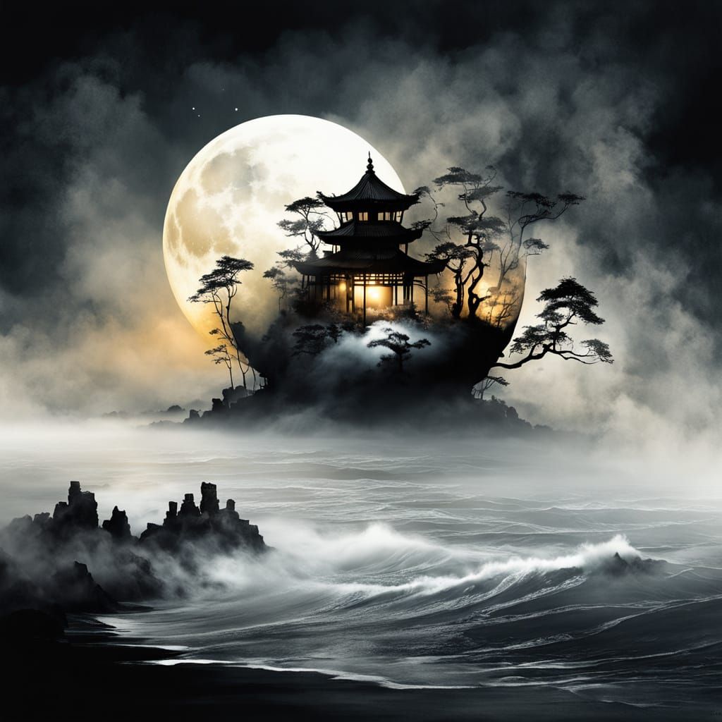 Surreal Yin Yang Sun Moon Beach Sunset in Fog