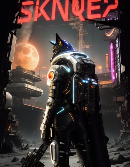 Fox Astronaut on Moon in Neon Science Fiction Style