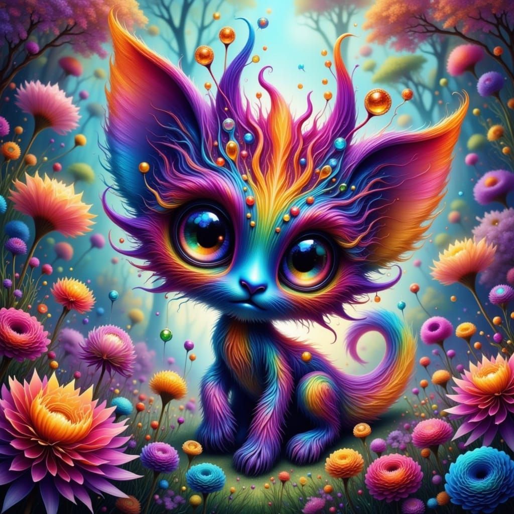 Whimsical Shabby Chic Creature in Vibrant Iridescent Wonderl...