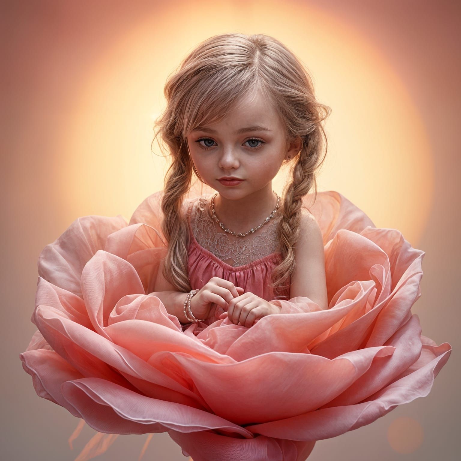 Miniature Girl on Rose Leaf in Volumetric Lighting