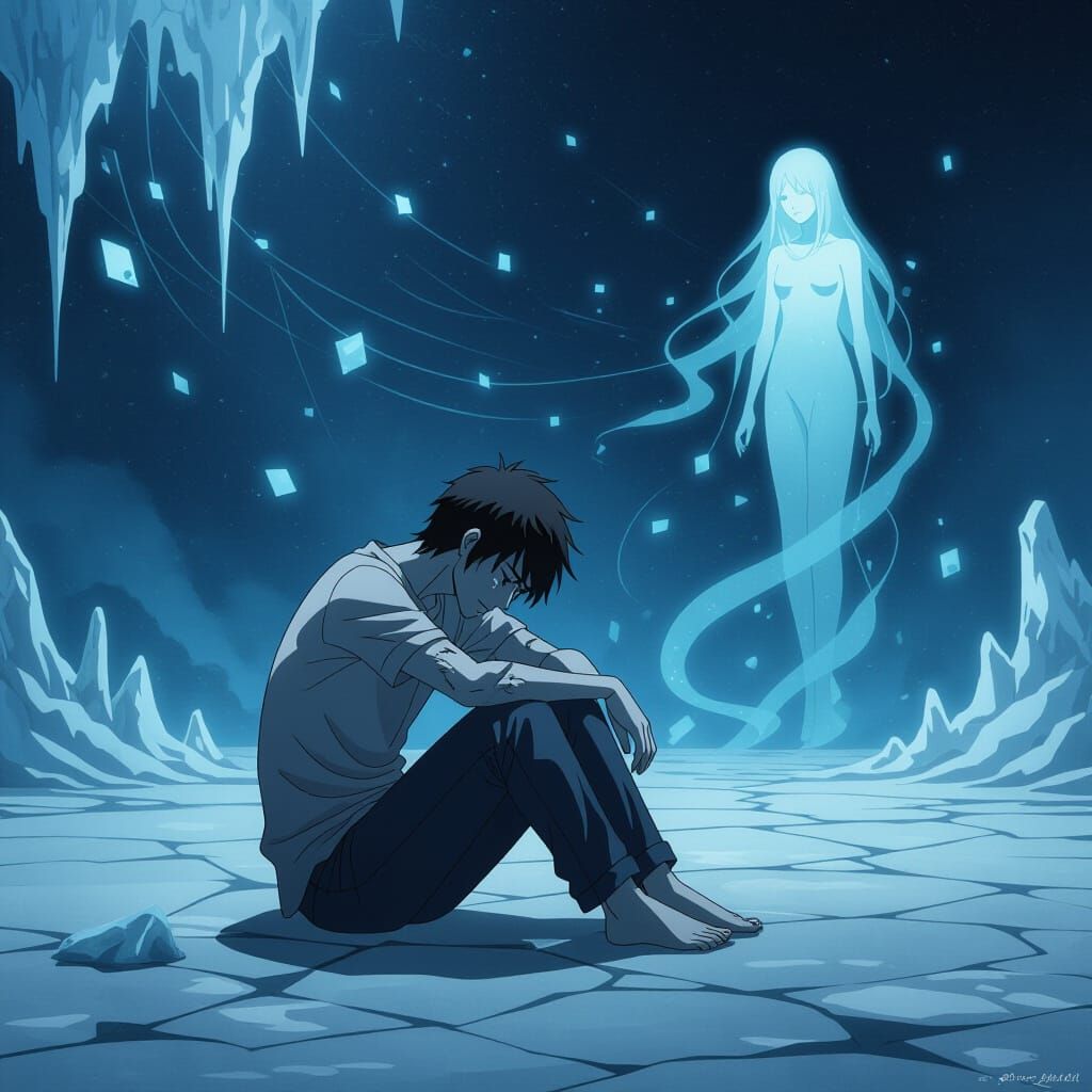 Anime Portrait of a Man in a Void Reaching for Ethereal Woma...