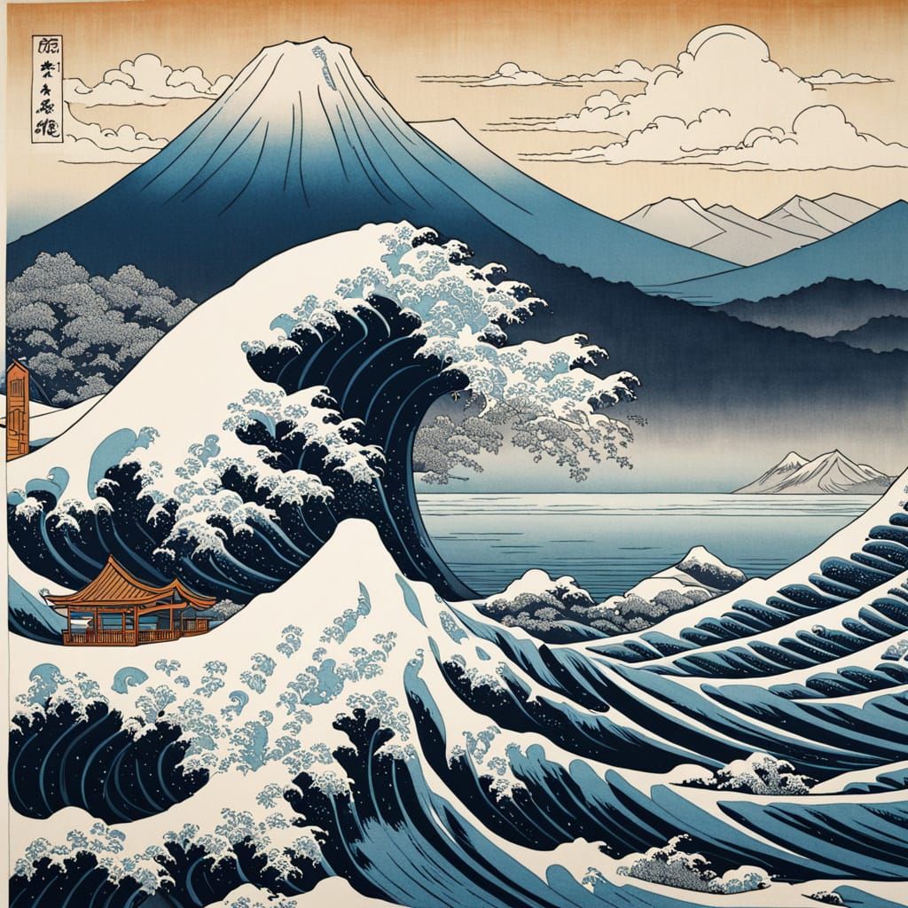 Surreal Japanese Wave Crashes on Kanagawa Shore in Bold Ukiy...