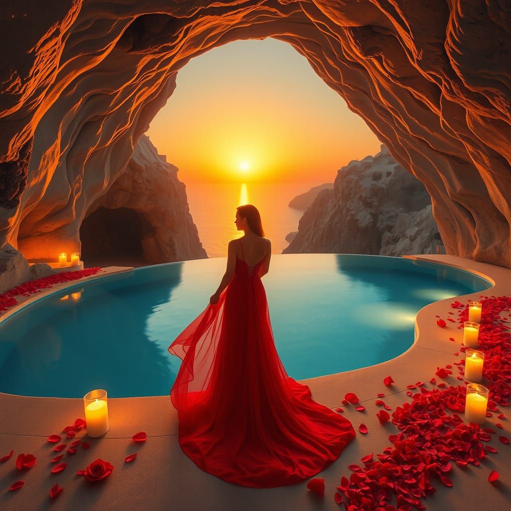 Elegant Woman in Red Gown, Surrounded by Candles and Roses, ...