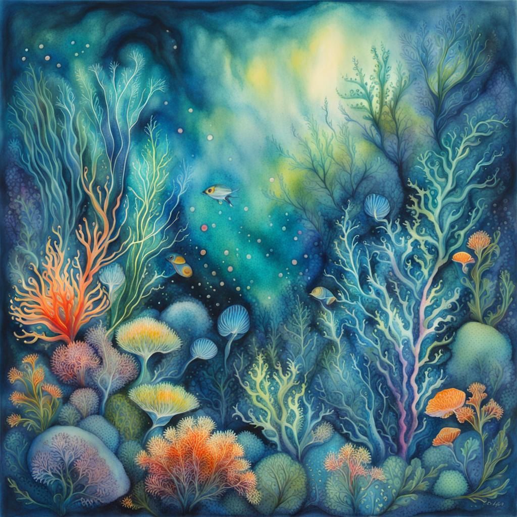 Bioluminescent Seaweed in Watercolour Fantasy