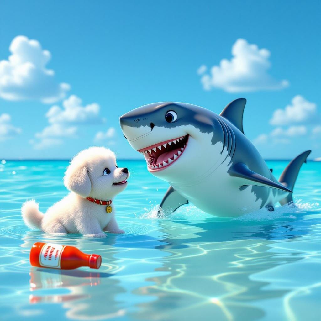 Friendly Shark Nudges Puppy in Animated Ocean Scene