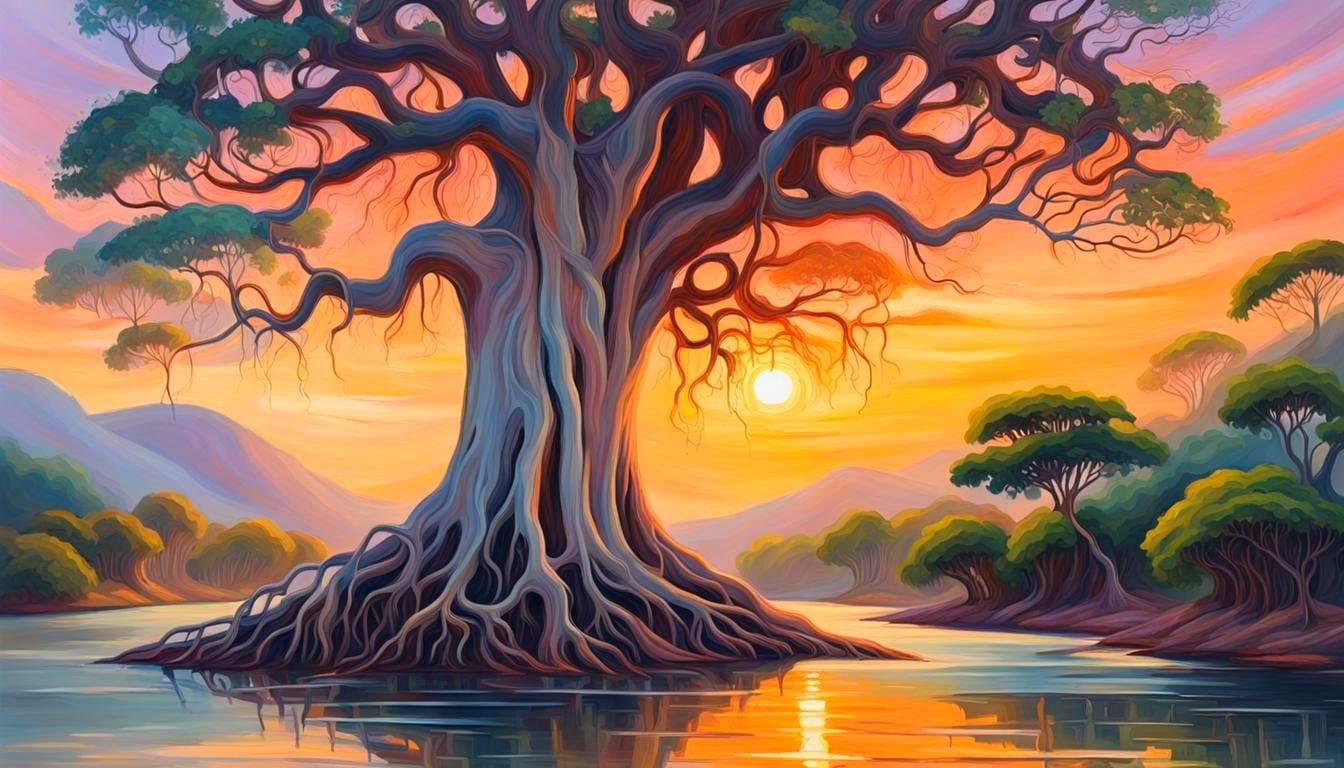 Surreal Impressionistic Sunset Landscape with Banyan Tree