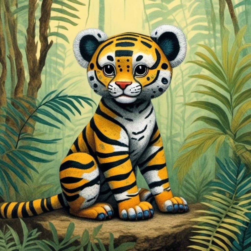 Tiger Cub in Jungle as Dubuffet-Style Art
