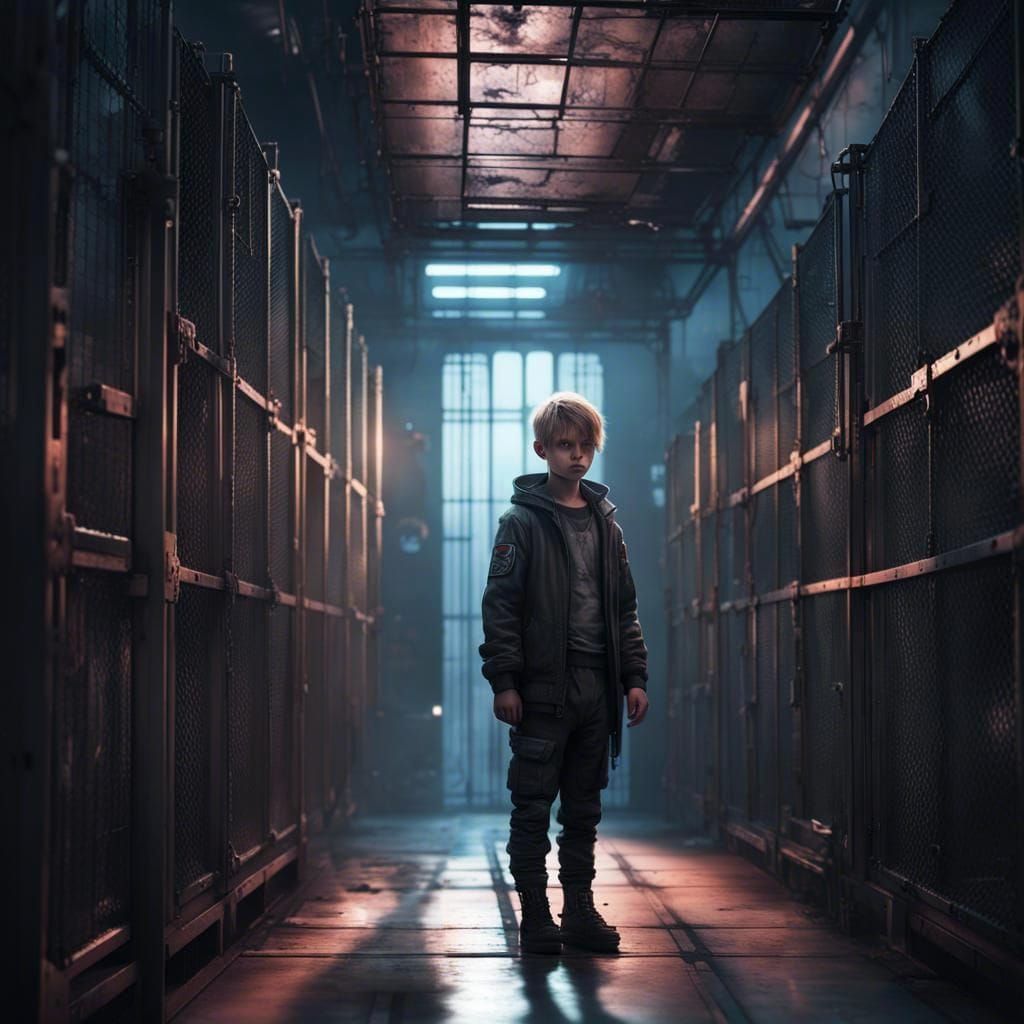 Cyberpunk Boy in Science-Fiction Prison Cell