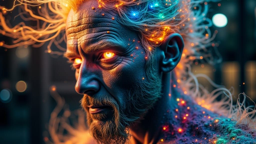 Fractal Faced Man with Rainbow Flames and Electricity