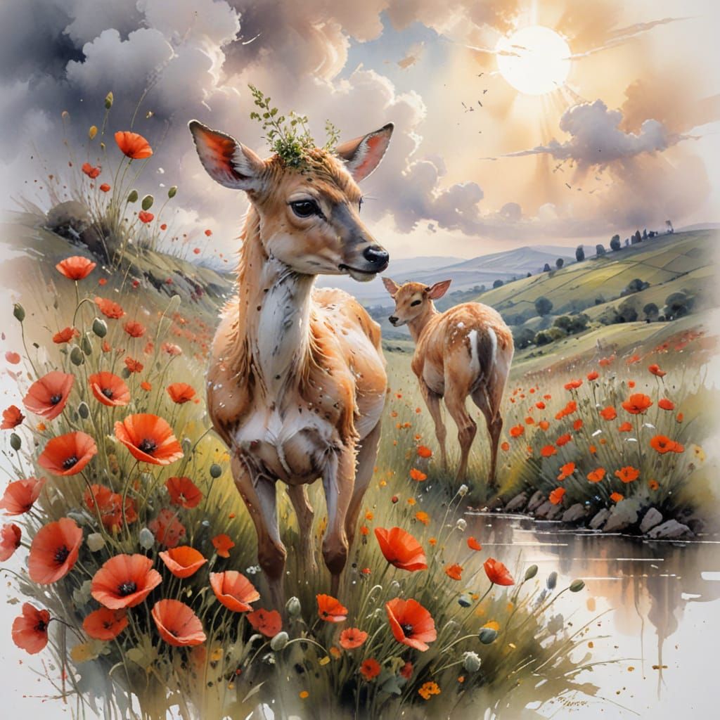 Fawn in Poppy Meadow: Watercolour Painting
