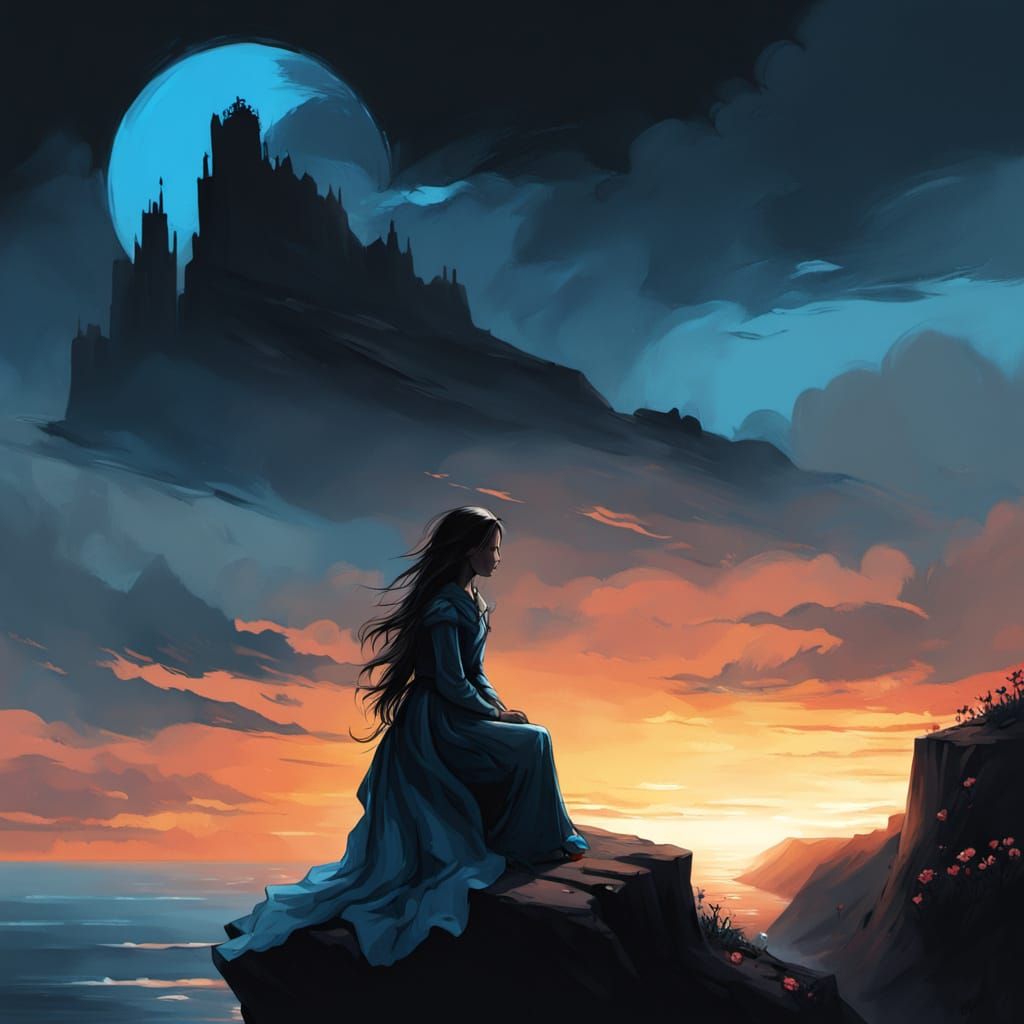 Sad Woman Silhouette with Blue Tear at Sunset