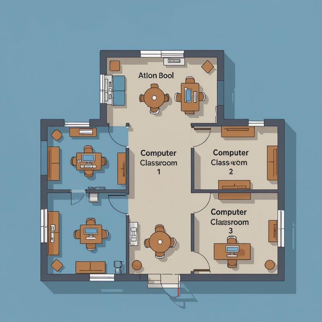 Minimalist School Floor Plan Blueprint with Computer Classro...