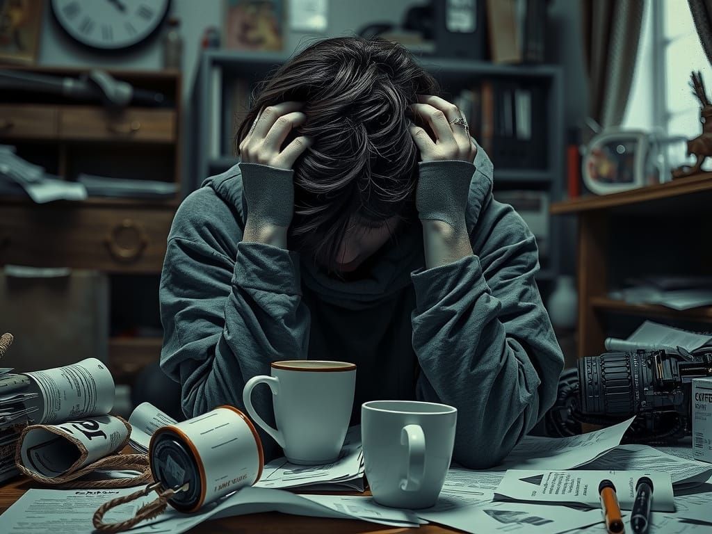 Young Woman Overwhelmed by Study Chaos