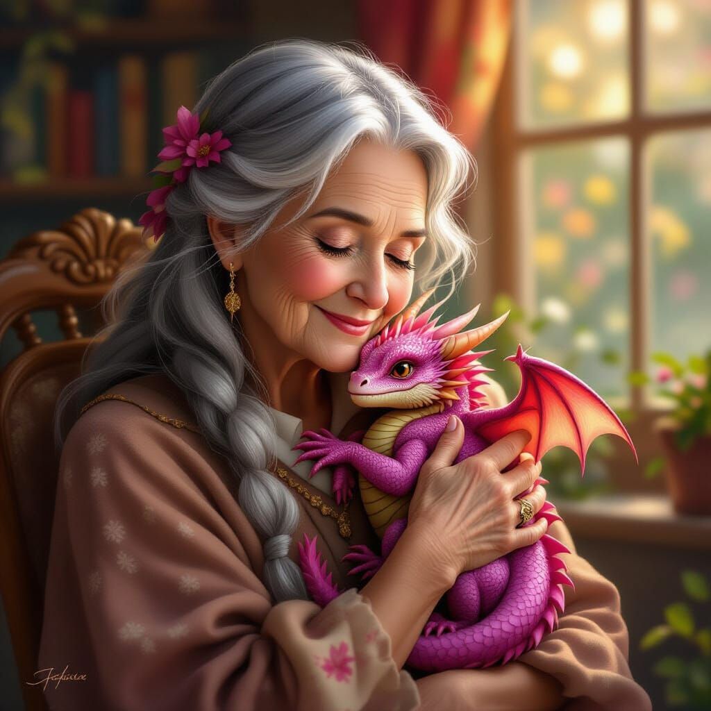 Elderly Woman Cuddles Tiny Pink Dragon
