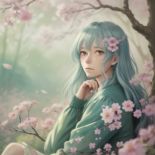 Dreamy Anime Girl Surrounded by Sakura Blossoms