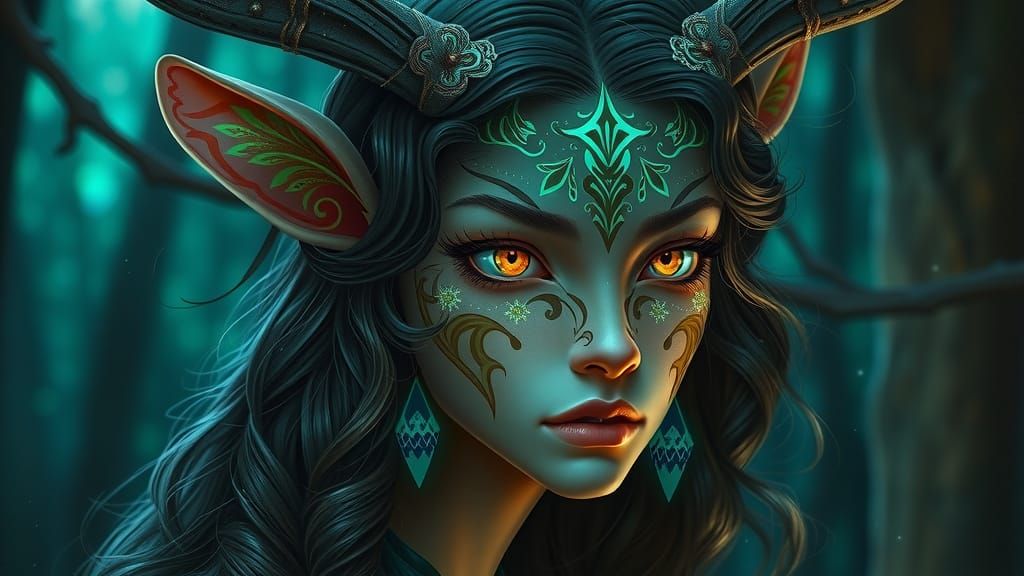 Bioluminescent Deer Elf Portrait in Forest