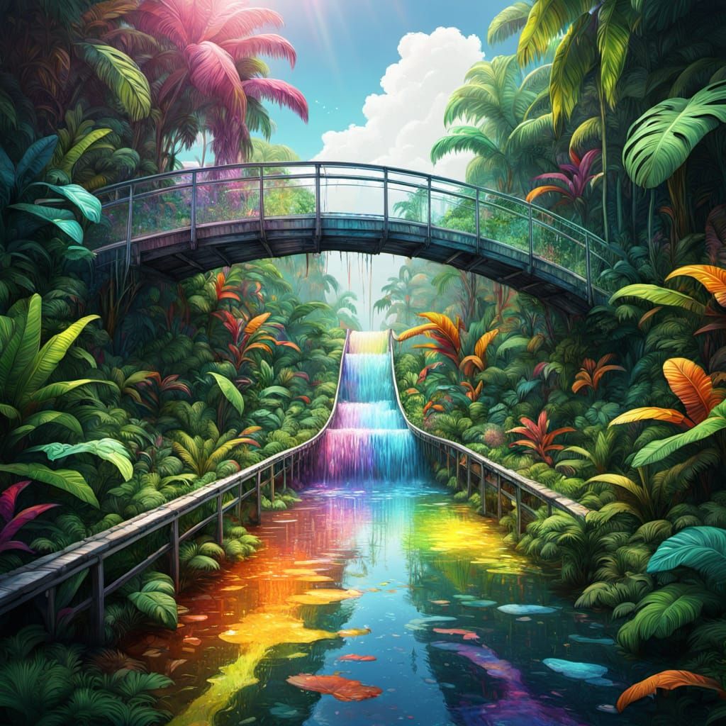 Vibrant Glass Bridge Over Tropical Rainbow Falls in Hyperdet...