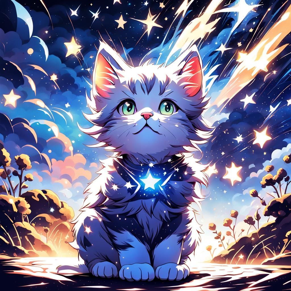 Anime Kitten in Starlight, Cel-Shaded Style