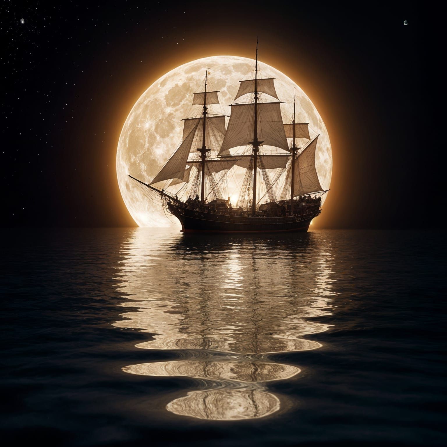 Mystical Ghost Ship Mirrored in Moonlit Water