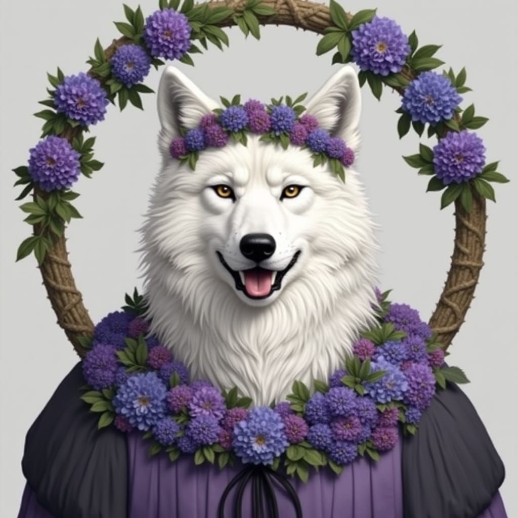 A garland of purple and blue flowers crowning the head of a ...